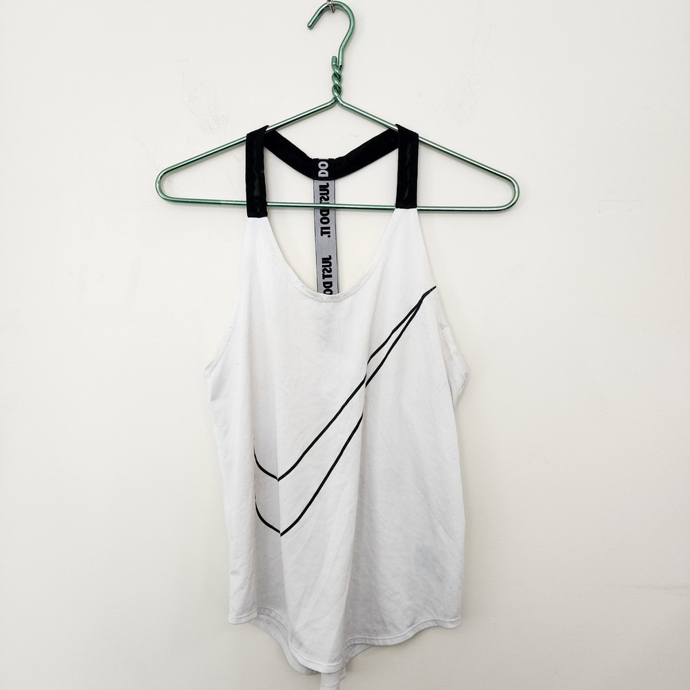 ⭐️ Nike Dri-FIT Womens XS White Just Do It Racerback Tank Top Big Swoosh Graphic